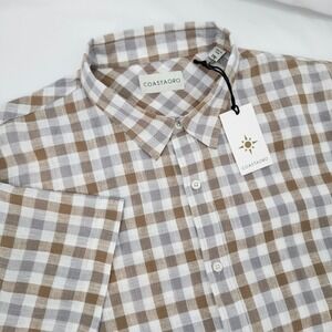 Coastaoro NWT Tan Gray‎ Gingham Linen Blend Camp Shirt Mens 2XL Resort Coastal